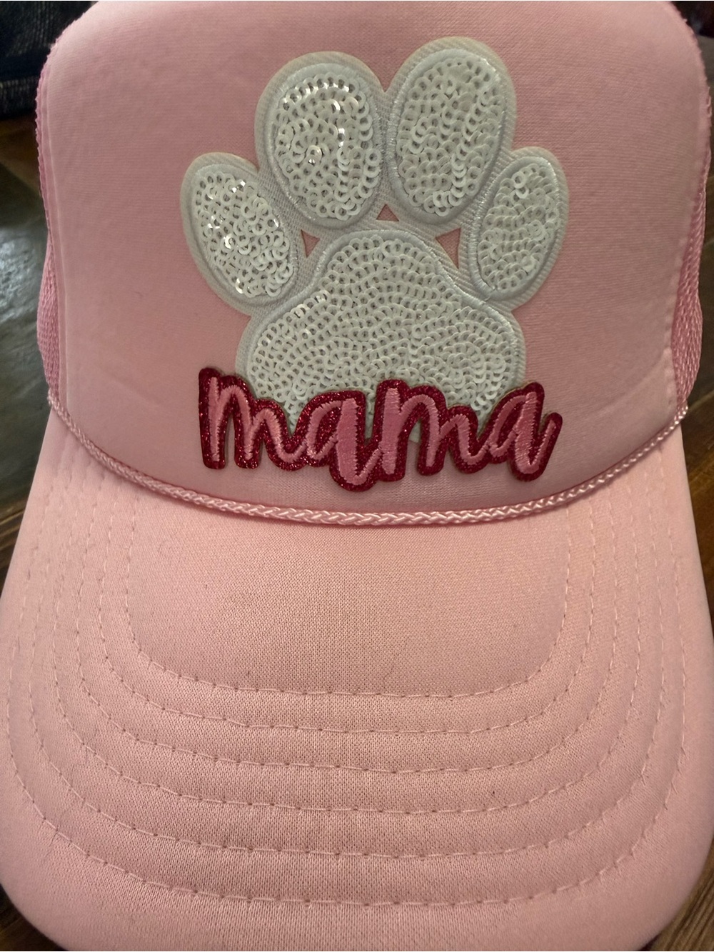 Custom Pink "Dog Mama" Paw Sequin Trucker Hat - Adult